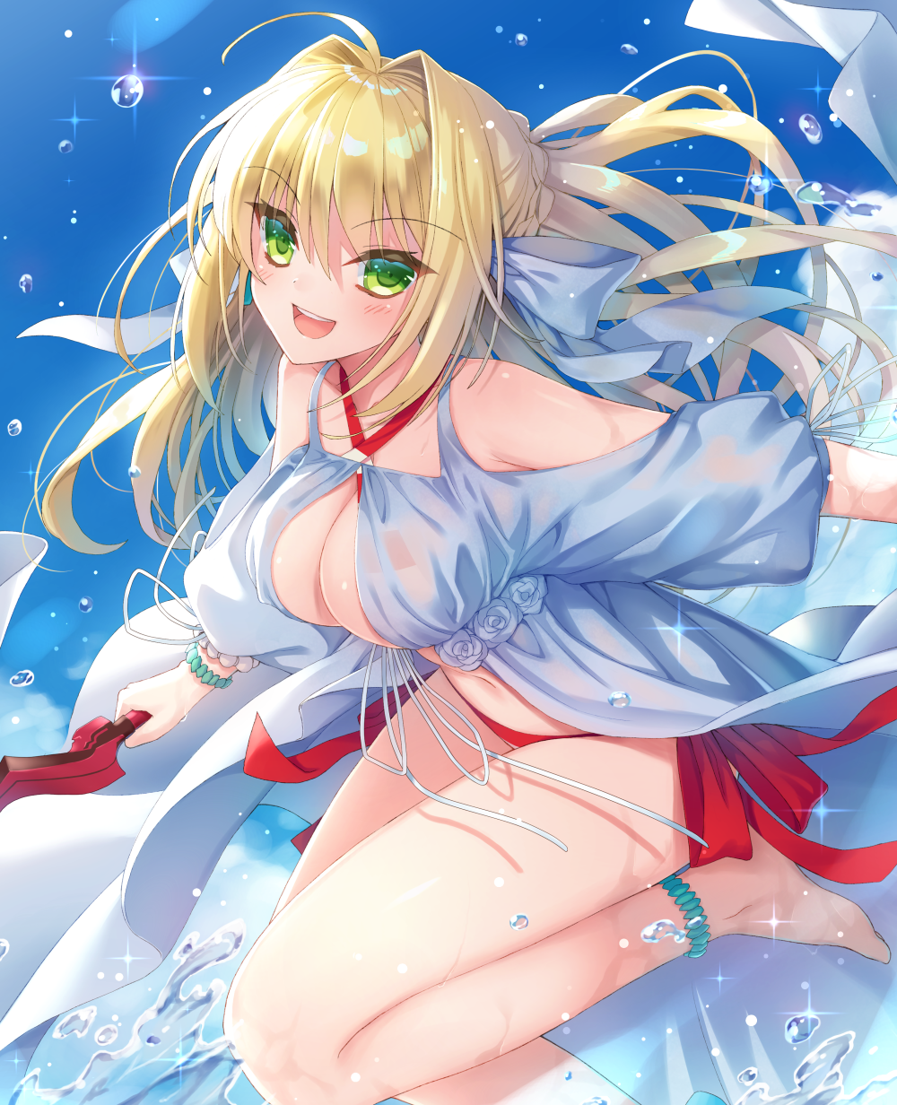 1girl :d ahoge anklet bangs bare_shoulders barefoot bead_bracelet beads bikini blonde_hair blue_sky blush bracelet braid breasts cleavage clouds cloudy_sky collarbone commentary_request cowboy_shot criss-cross_halter day dress eyebrows_visible_through_hair fate/grand_order fate_(series) french_braid gown green_eyes hair_bun hair_intakes hair_ornament halter_top halterneck hands_up highres holding holding_sword holding_weapon jewelry kuro_futoshi large_breasts leaning_forward leg_up long_hair looking_at_viewer navel nero_claudius_(swimsuit_caster)_(fate) one_leg_raised open_mouth outdoors red_bikini saber_extra short_sleeves shoulder_cutout side-tie_bikini sidelocks sky smile solo sparkle standing standing_on_one_leg striped striped_bikini swimsuit sword teeth twintails upper_teeth very_long_hair water weapon white_bikini wide_sleeves