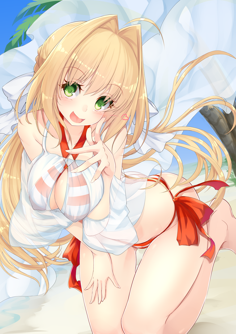 1girl :d ahoge arched_back ass bangs bare_shoulders barefoot beach bikini blonde_hair blue_sky blush braid breasts cleavage commentary_request cowboy_shot criss-cross_halter day dress erect_nipples eyebrows_visible_through_hair fate/grand_order fate_(series) fingernails french_braid gown green_eyes groin hair_bun hair_intakes hair_ornament halter_top halterneck hand_on_lap hand_to_own_mouth hand_up heart highres inu3 jewelry kneeling large_breasts leaning_forward leg_up long_fingernails long_hair looking_at_viewer medium_breasts nero_claudius_(swimsuit_caster)_(fate) ocean one_leg_raised open_mouth outdoors palm_tree red_bikini saber_extra short_sleeves shoulder_cutout side-tie_bikini sidelocks sky smile solo standing standing_on_one_leg striped striped_bikini swimsuit tree twintails very_long_hair water white_bikini wide_sleeves
