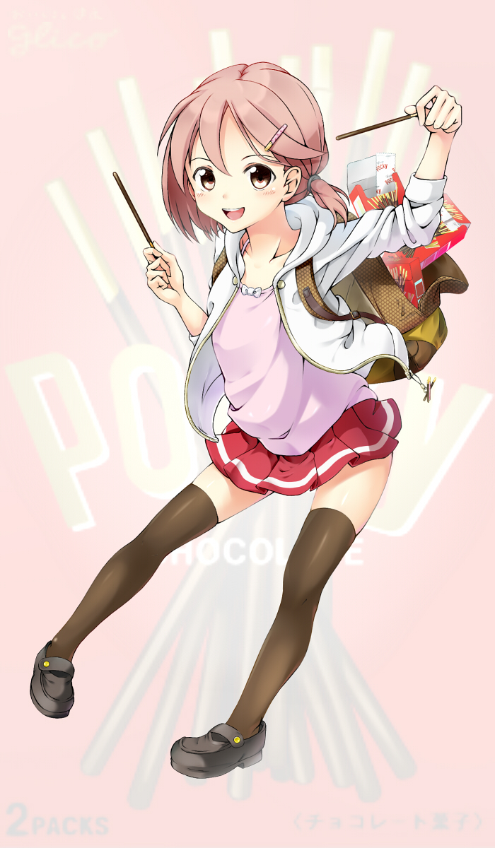 1girl backpack bag black_legwear blush character_request collarbone copyright_request eyebrows_visible_through_hair food highres kagkfc1z looking_at_viewer open_mouth pink_eyes pink_hair pocky red_skirt skirt smile solo teeth thigh-highs