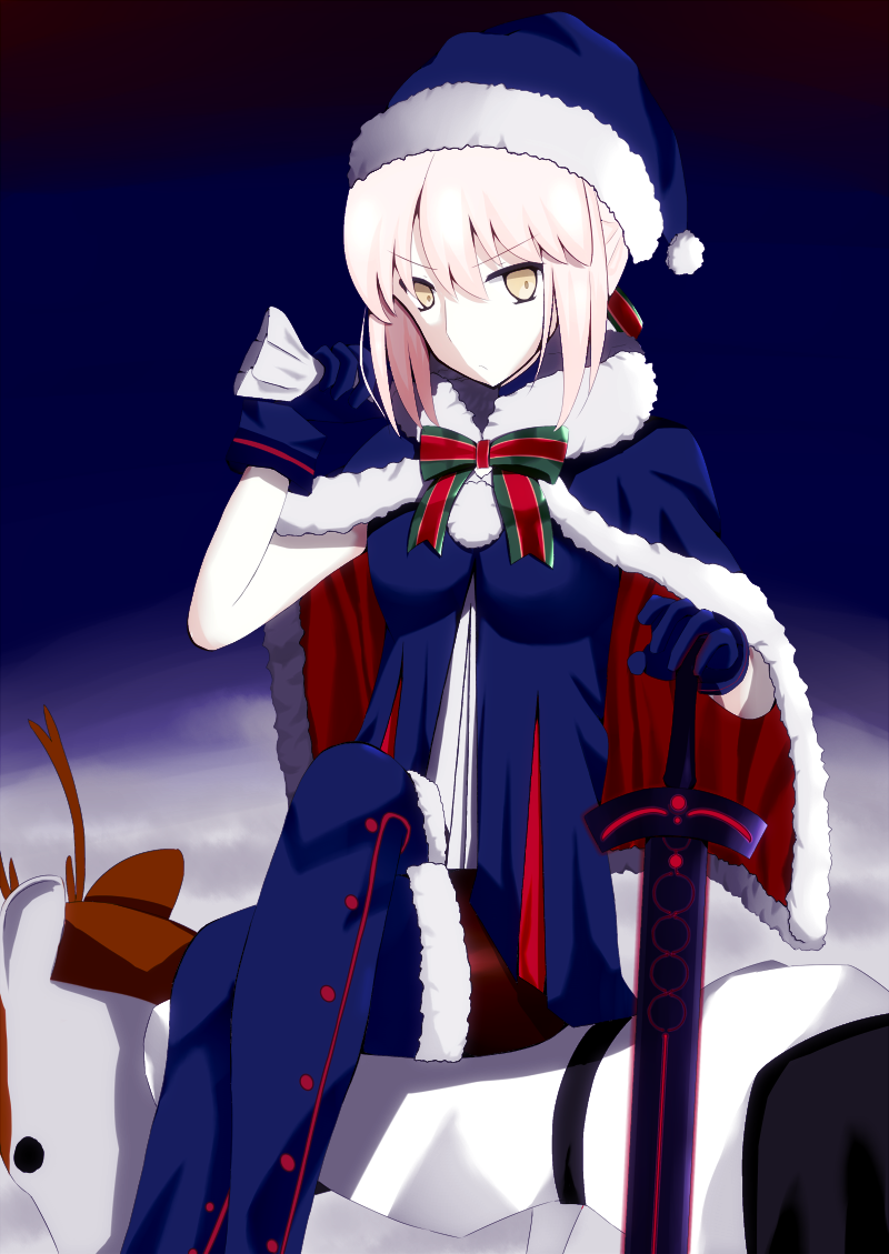 1girl all_fours animal_costume artoria_pendragon_(all) black_legwear blue_boots blue_gloves blue_hat blue_santa_costume boots capelet dark_excalibur eyebrows_visible_through_hair fate/grand_order fate_(series) gift_bag gloves hair_between_eyes hair_ribbon hat holding_bag looking_at_viewer pantyhose red_ribbon reindeer_costume ribbon saber_alter santa_alter santa_boots santa_costume santa_hat short_hair_with_long_locks sidelocks silver_hair sitting sitting_on_person sleeveless thigh-highs thigh_boots west_(west_0916) yellow_eyes