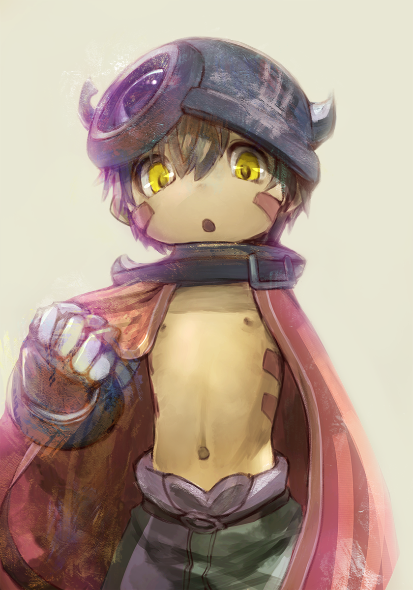 1boy brown_hair cape collar helmet highres horned_headwear made_in_abyss male_focus mechanical_arms navel nipples no_shirt open_mouth regu_(made_in_abyss) solo yellow_eyes