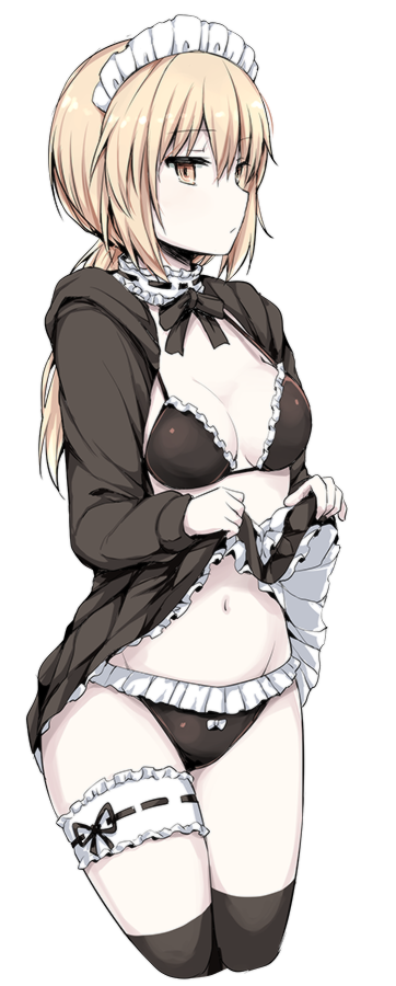 1girl artoria_pendragon_(all) bikini black_bikini black_legwear blonde_hair breasts cleavage cropped_legs expressionless fate/grand_order fate_(series) frilled_bikini frills leg_garter lifted_by_self lock_heart_(juuryokudou) long_hair looking_at_viewer maid maid_bikini maid_headdress medium_breasts navel saber_alter simple_background skirt skirt_lift solo standing swimsuit thigh-highs white_background yellow_eyes