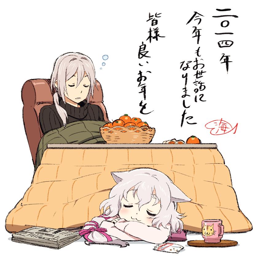 1boy 1girl :3 animal_ears artist_signature bangs basket black_sweater blanket blush cat_ears chair closed_eyes closed_mouth commentary_request cup curly_hair food fruit hair_between_eyes kotatsu lavender_hair long_sleeves medium_hair newspaper orange parted_lips ponytail ribbed_sweater short_hair signature simple_background sleeping smile sweater table translation_request turtleneck turtleneck_sweater umishima_senbon under_kotatsu under_table white_background