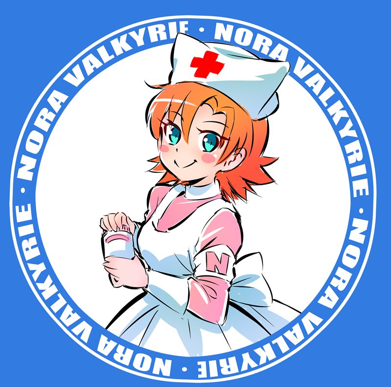 1girl apron armband blush_stickers character_name check_commentary commentary_request hat iesupa nora_valkyrie nurse nurse_cap orange_hair rwby smile solo