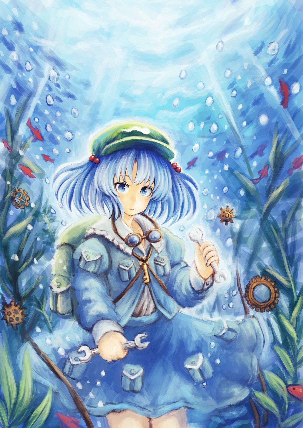 1girl blush bubble closed_mouth gears goggles goggles_around_neck green_hat hair_bobbles hair_ornament hat highres kawashiro_nitori long_sleeves looking_at_viewer short_hair short_twintails smile solo suzutaka_(ringo_kakigoori) touhou twintails underwater wrench