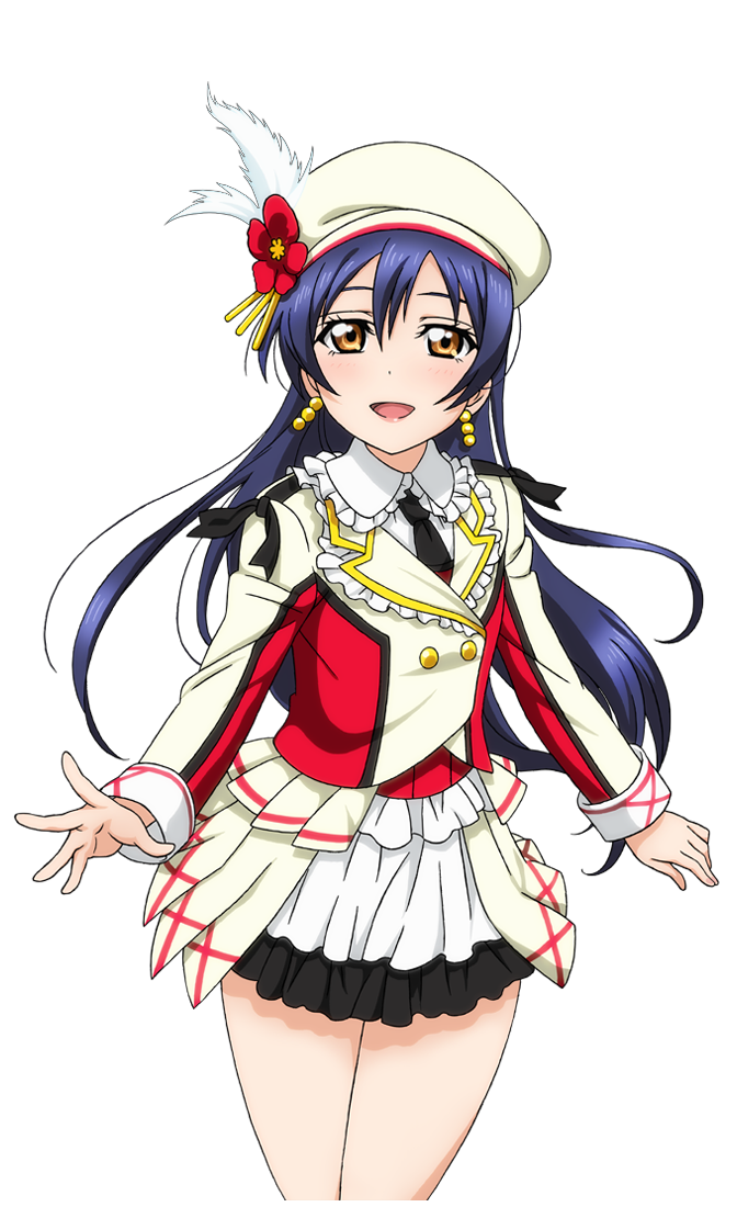 1girl artist_request bangs beret blazer blue_hair bow brown_eyes earrings feather_beret flower frilled_shirt frills hair_between_eyes hat jacket jewelry long_hair looking_at_viewer love_live! love_live!_school_idol_festival love_live!_school_idol_festival_after_school_activity love_live!_school_idol_project necktie official_art open_mouth shirt skirt smile solo sonoda_umi sore_wa_bokutachi_no_kiseki transparent_background