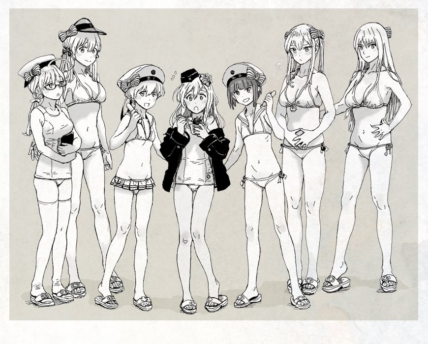 6+girls :d alternate_costume bikini bismarck_(kantai_collection) breasts clothes_writing flat_chest glasses graf_zeppelin_(kantai_collection) greyscale gufu6 hair_between_eyes hat i-8_(kantai_collection) kantai_collection large_breasts long_hair low_twintails monochrome multiple_girls open_mouth peaked_cap prinz_eugen_(kantai_collection) sailor_hat sandals short_hair sidelocks smile swimsuit twintails u-511_(kantai_collection) z1_leberecht_maass_(kantai_collection) z3_max_schultz_(kantai_collection)