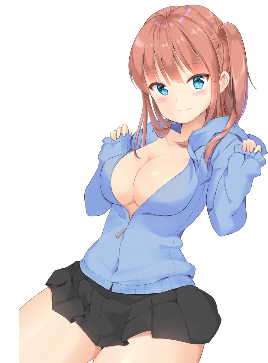 1girl aymusk bangs black_skirt blue_eyes blunt_bangs blush breasts brown_hair cleavage closed_mouth collarbone commentary_request cowboy_shot eyebrows_visible_through_hair hands_up highres hood hood_down hoodie large_breasts long_hair long_sleeves looking_at_viewer miniskirt no_bra one_side_up open_clothes open_hoodie original pleated_skirt sidelocks skirt sleeves_past_wrists smile solo transparent_background zipper