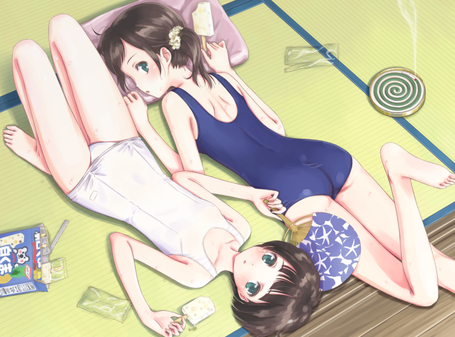 2girls :o ass barefoot black_hair blue_eyes blue_swimsuit bow dktaka fan feet floral_print food foot_up from_above holding holding_fan knees_up looking_at_viewer lying mosquito_coil multiple_girls old_school_swimsuit on_back on_stomach original paper_fan pillow popsicle school_swimsuit short_hair soles sweat swimsuit tatami toes uchiwa w_arms white_school_swimsuit white_swimsuit wrapper