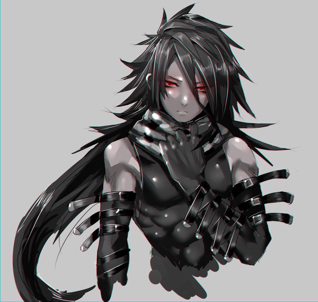 &gt;:( 1boy abs bare_shoulders black_gloves camouflage_scarf commentary_request deluxe&lt;&lt;&lt; elbow_gloves frown gloves grey_background leg_belt long_hair original pointy_hair red_eyes scarf simple_background sketch solo spot_color upper_body very_long_hair