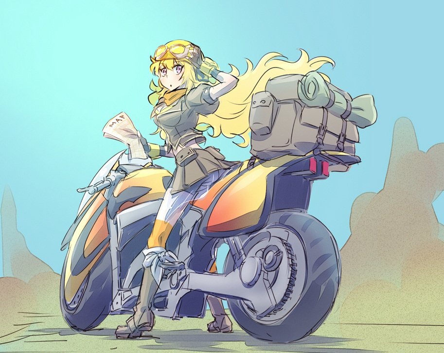 1girl bag blonde_hair commentary_request goggles goggles_on_headwear ground_vehicle helmet iesupa map motor_vehicle motorcycle motorcycle_helmet rwby solo violet_eyes yang_xiao_long