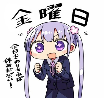 +_+ 1girl chibi flower hair_flower hair_ornament kanikama long_hair lowres new_game! open_mouth purple_hair ribbon solo suzukaze_aoba translated twintails uniform violet_eyes white_background
