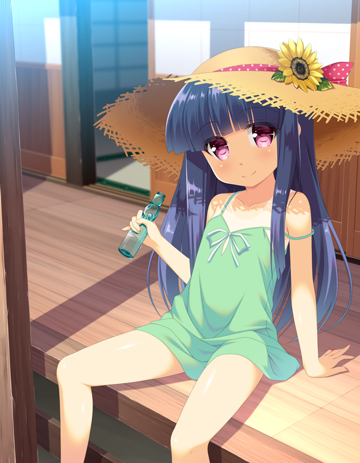 1girl blue_hair bottle dress furude_rika gaou green_dress hat higurashi_no_naku_koro_ni legs long_hair outdoors ramune short_dress sitting smile solo spread_legs strap_slip sun_hat sundress violet_eyes