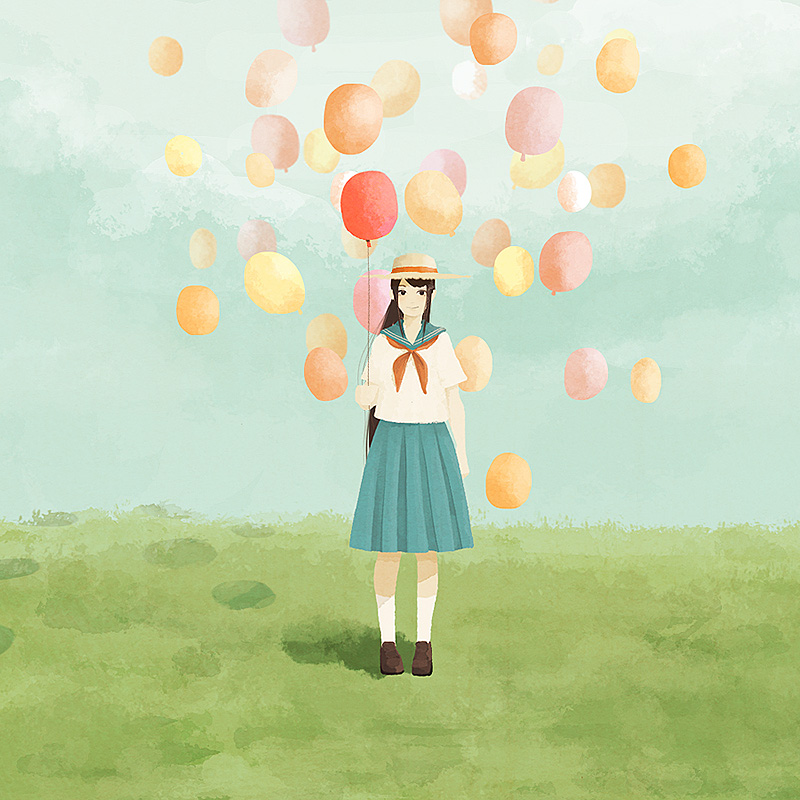 1girl balloon bangs blue_skirt blue_sky brown_eyes brown_hair closed_mouth craft-cs field grass hat holding_balloon long_hair looking_at_viewer neckerchief original outdoors pleated_skirt red_neckerchief school_uniform serafuku shoes short_sleeves skirt sky smile socks solo standing straw_hat white_legwear