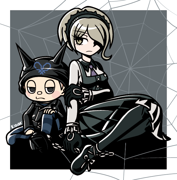 1boy 1girl black_eyes black_gloves blush_stickers cat_hat chain dangan_ronpa dress frown gloves grey_eyes grey_hair hair_over_one_eye half-closed_eyes hat hoshi_ryouma jacket leather_jacket light_brown_hair lowres maid maid_headdress maid_uniform matching_hair/eyes necktie new_dangan_ronpa_v3 pantyhose prison_uniform shackles short_hair sitting spider_web striped toujou_kirumi