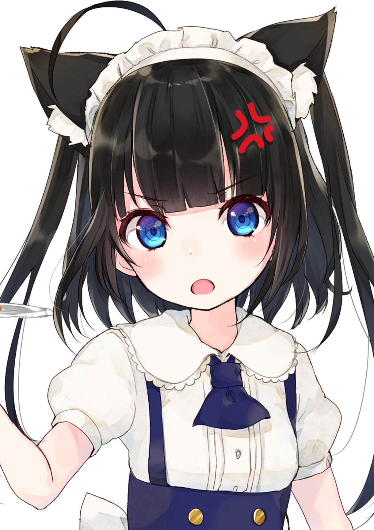 1girl anger_vein angry animal_ears annoyed apron arm_at_side ascot bangs black_ascot black_dress black_hair blouse blue_dress blue_eyes blush breasts buttons cat_ears cat_girl commentary_request dress frilled_shirt_collar frilled_skirt frills fushimi_sameta hand_up highres holding holding_plate long_hair looking_at_viewer maid maid_headdress one_eye_closed open_mouth original pinafore_dress plate puffy_short_sleeves puffy_sleeves shirt short_sleeves simple_background skirt small_breasts standing twintails upper_body white_background white_shirt