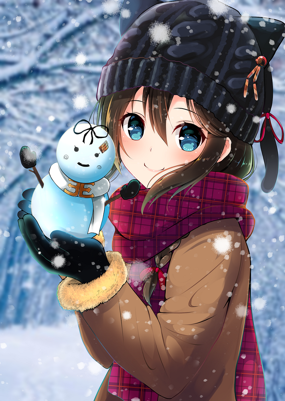1girl amagami_(makise_tsubaki) animal_hat bangs black_gloves blue_eyes blurry blurry_background braid brown_hair character_doll coat from_side fur_trim gloves hair_between_eyes hair_ribbon hat highres holding kantai_collection long_hair long_sleeves looking_at_viewer mittens outdoors plaid plaid_scarf ribbon scarf shigure_(kantai_collection) single_braid smile snow snowing snowman solo upper_body winter winter_clothes yuudachi_(kantai_collection)