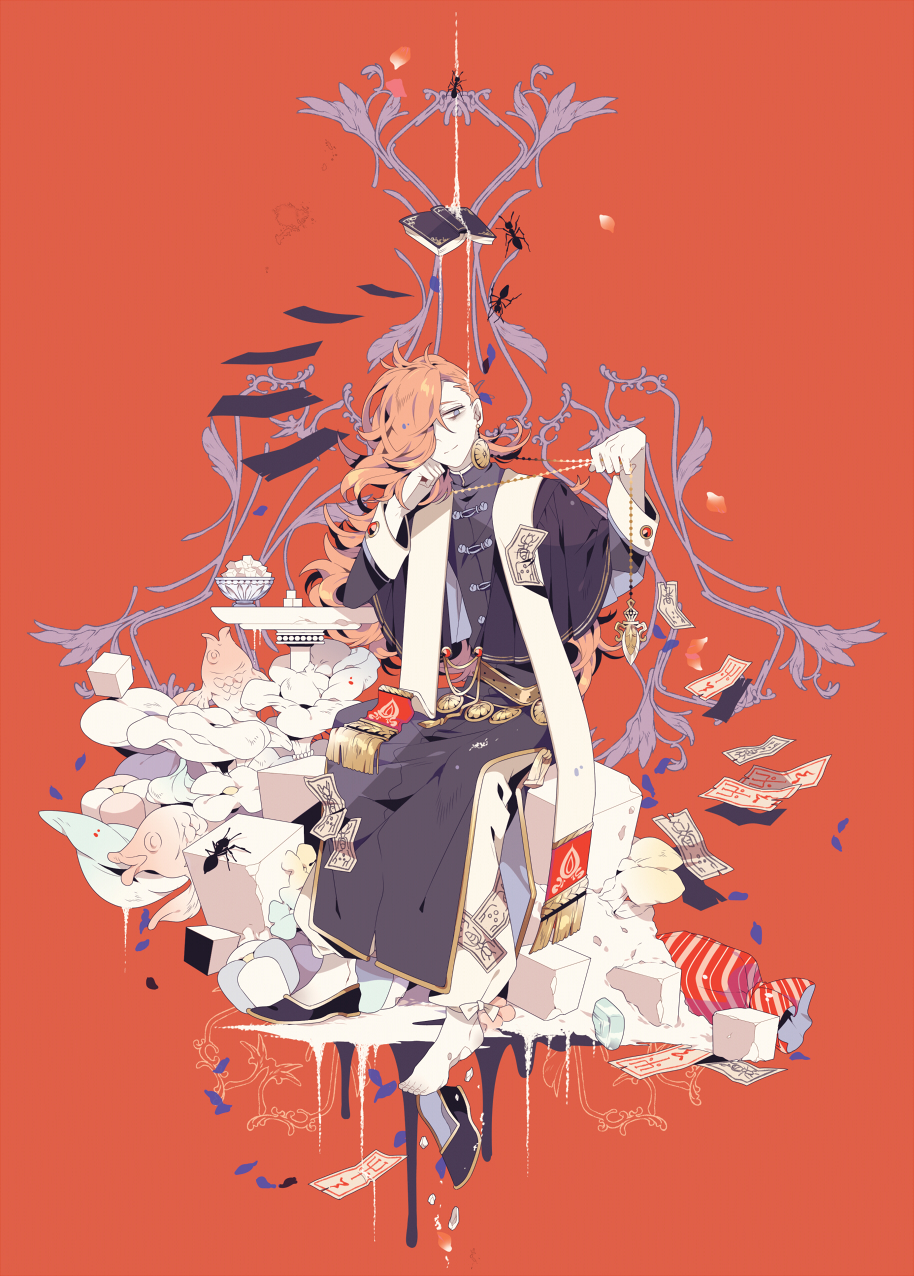 1boy ant barefoot belt black_shoes book bowl candy capelet chin_rest commentary_request curly_hair earrings fish flower food fringe hair_over_one_eye highres jewelry long_hair long_sleeves looking_away male_focus necklace ofuda orange_hair pants pendant petals pixiv_fantasia pixiv_fantasia_fallen_kings priest pulling red_background shikimi_(yurakuru) shoe_loss shoes shoes_removed simple_background sitting solo stole sugar_cube table violet_eyes white_pants