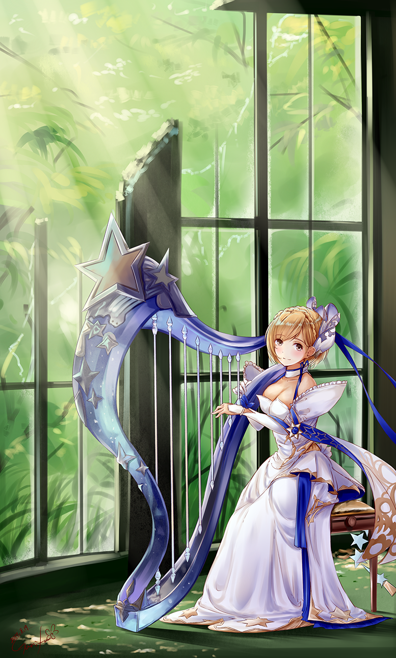 1girl 2017 artist_name blonde_hair blush braid breasts broken_window brown_eyes choker closed_mouth commentary_request djeeta_(granblue_fantasy) dress eyebrows_visible_through_hair granblue_fantasy gurifu harp head_tilt highres indoors instrument large_breasts looking_at_viewer music number plant playing_instrument short_hair signature sitting smile solo star stool strapless strapless_dress sunlight white_dress window