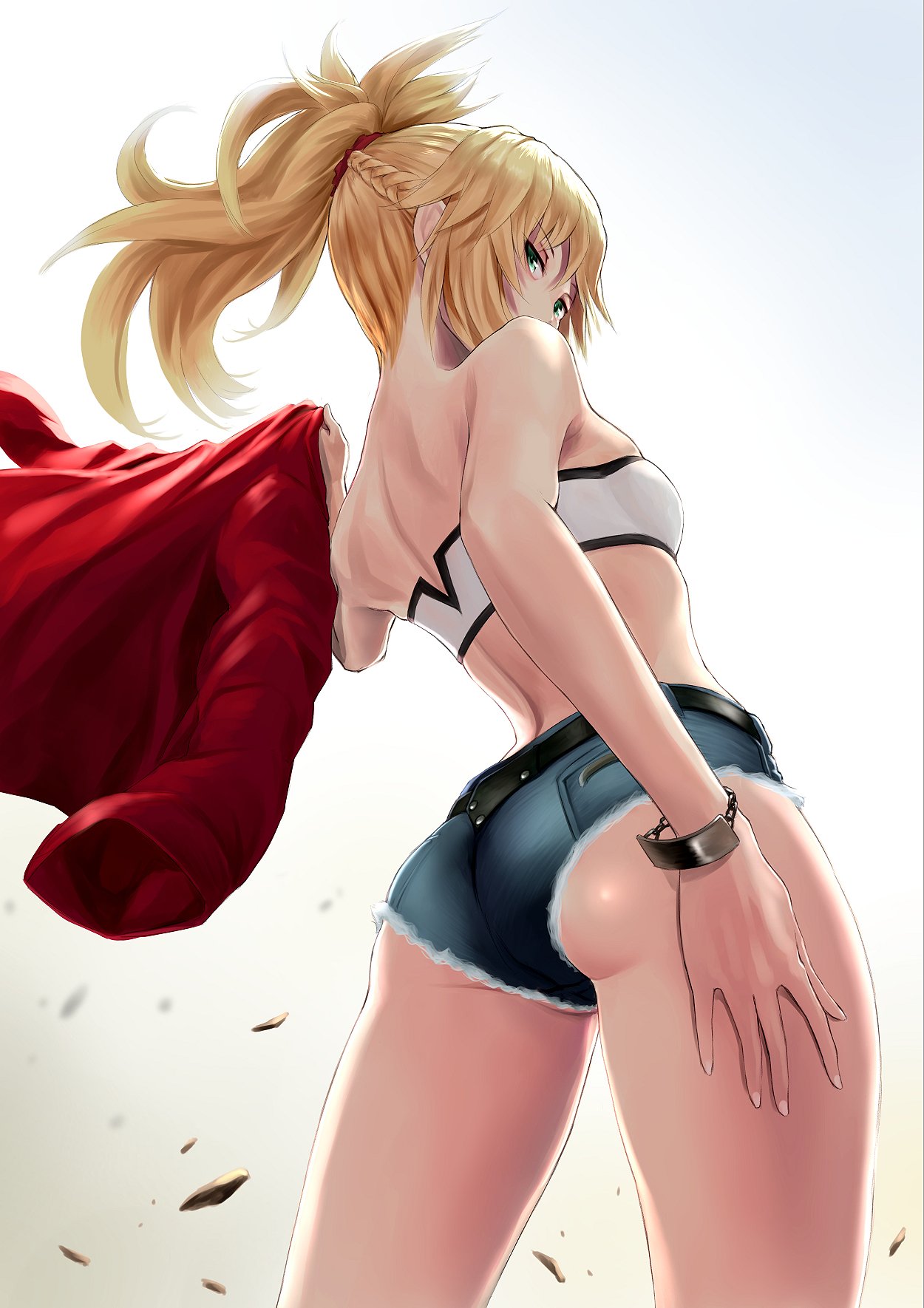1girl ass bandeau bare_shoulders blonde_hair braid breasts commentary_request cowboy_shot cutoffs denim denim_shorts eyebrows_visible_through_hair fate/apocrypha fate_(series) from_behind green_eyes hand_on_own_thigh highres jacket leather leather_jacket long_hair looking_at_viewer looking_back midriff ponytail red_jacket saber_of_red scrunchie short_shorts shorts small_breasts solo wa_(genryusui)