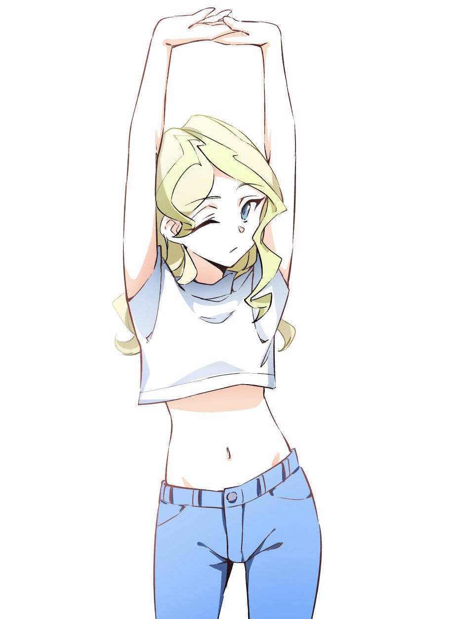 1girl alternate_costume arms_up blonde_hair blue_eyes cowboy_shot denim diana_cavendish groin highres jeans linked_hands little_witch_academia midriff navel pants seren_lwa shirt solo stretch t-shirt white_background white_shirt