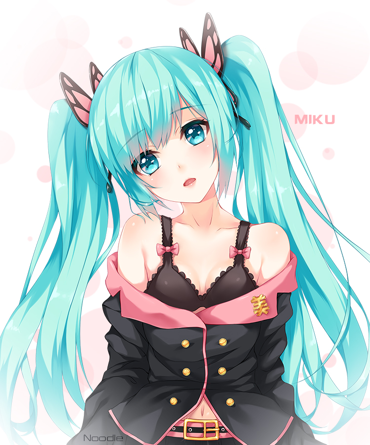 1girl belt black_bra black_skirt blue_eyes blue_hair bra breasts character_name cleavage collarbone eyebrows_visible_through_hair hair_ornament hatsune_miku head_tilt long_hair looking_at_viewer navel noodle-y open_mouth pink_bra pleated_skirt skirt small_breasts solo twintails underwear very_long_hair vocaloid white_background