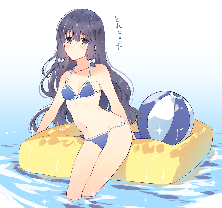 1girl alternate_hairstyle ball beachball bikini blue_bikini flat_chest groin kantai_collection kitakami_(kantai_collection) komi_zumiko navel partially_submerged solo swimsuit translation_request water