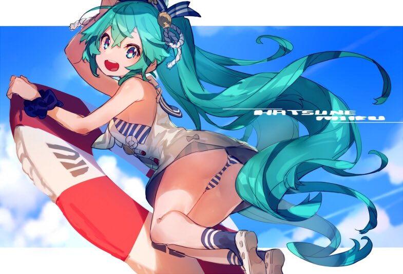 1girl :d arm_up ass bangs blue_eyes blue_hair blue_legwear blue_sky bukurote character_name clouds eyebrows_visible_through_hair from_side hair_between_eyes hair_ornament hatsune_miku innertube long_hair looking_at_viewer open_mouth outside_border scrunchie shoes sky sleeveless smile socks solo striped twintails very_long_hair vocaloid white_shoes wrist_scrunchie