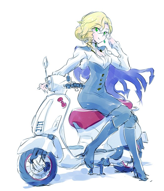 1girl blonde_hair boots breasts cleavage cleavage_cutout earrings glasses glynda_goodwitch green_eyes ground_vehicle high_heel_boots high_heels iesupa jewelry motor_vehicle rwby scooter solo
