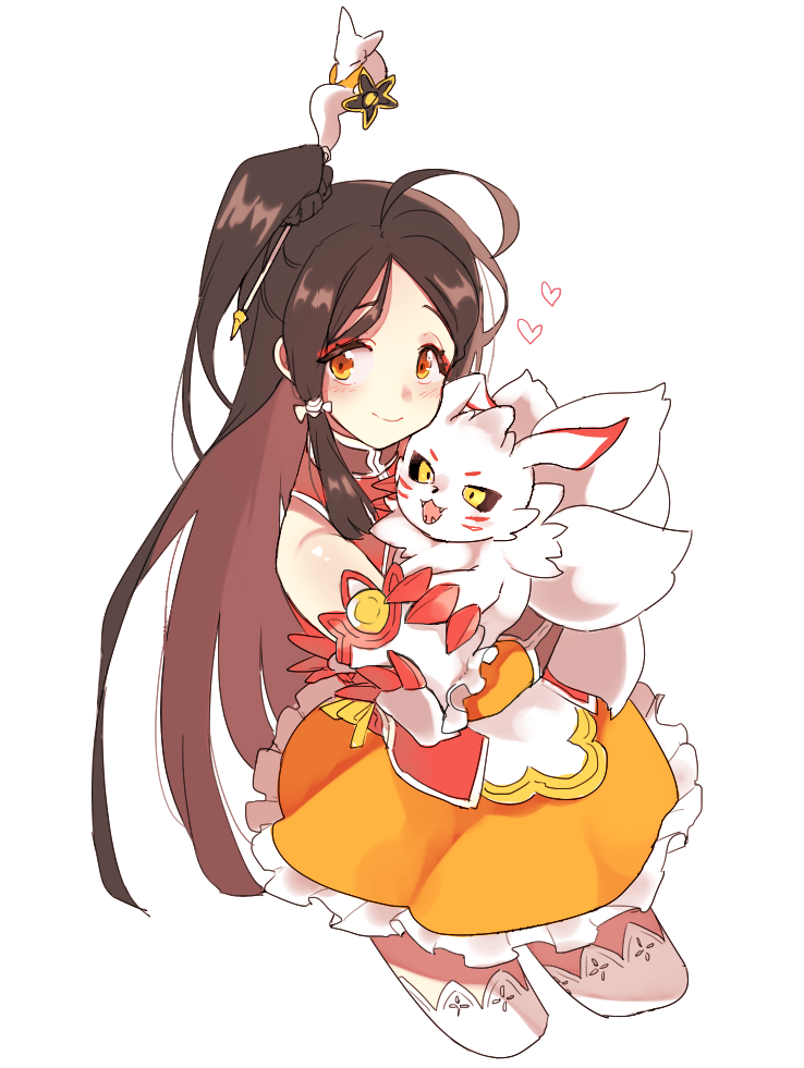 1girl ahoge animal_ears ara_han bare_shoulders black_hair black_sclera blush chinese_clothes claws colored detached_sleeves elsword fox frilled_skirt frills hair_ornament hairpin heart inna kyuubi little_xia_(elsword) long_hair monster multiple_tails skirt solo tail thigh-highs white_background white_fur yellow_eyes