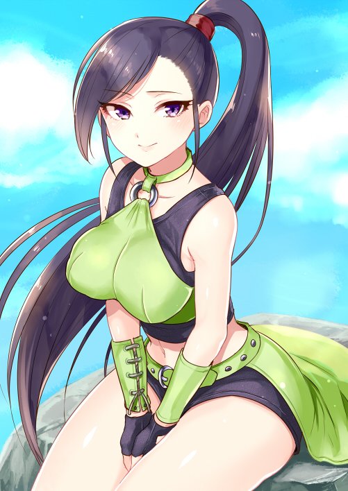 1girl belt between_legs black_gloves black_hair black_shorts blue_sky blush breasts closed_mouth clouds commentary_request cowboy_shot day dragon_quest dragon_quest_xi eyebrows_visible_through_hair fingerless_gloves gloves hand_between_legs large_breasts long_hair looking_at_viewer martina_(dragon_quest_xi) midriff navel outdoors own_hands_together ponytail shorts sitting sky sleeveless smile solo tougyuu_yukio violet_eyes