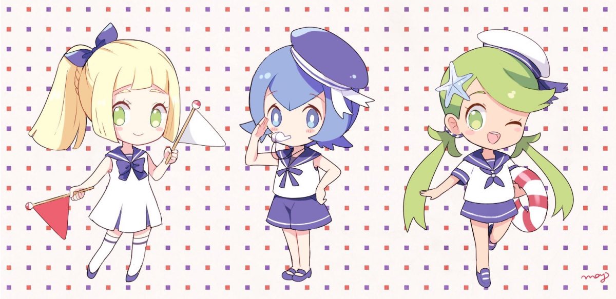 3girls alternate_costume blonde_hair blue_eyes blue_hair blue_skirt blush_stickers chibi dark_skin dress flag green_eyes green_hair hair_ornament hat lifebuoy lillie_(pokemon) long_hair mallow_(pokemon) mei_(maysroom) multiple_girls one_eye_closed open_mouth pokemon pokemon_(game) pokemon_sm ponytail shirt short_hair short_sleeves skirt sleeveless sleeveless_dress sleeveless_shirt smile starfish starfish_hair_ornament suiren_(pokemon) trial_captain twintails whistle white_dress