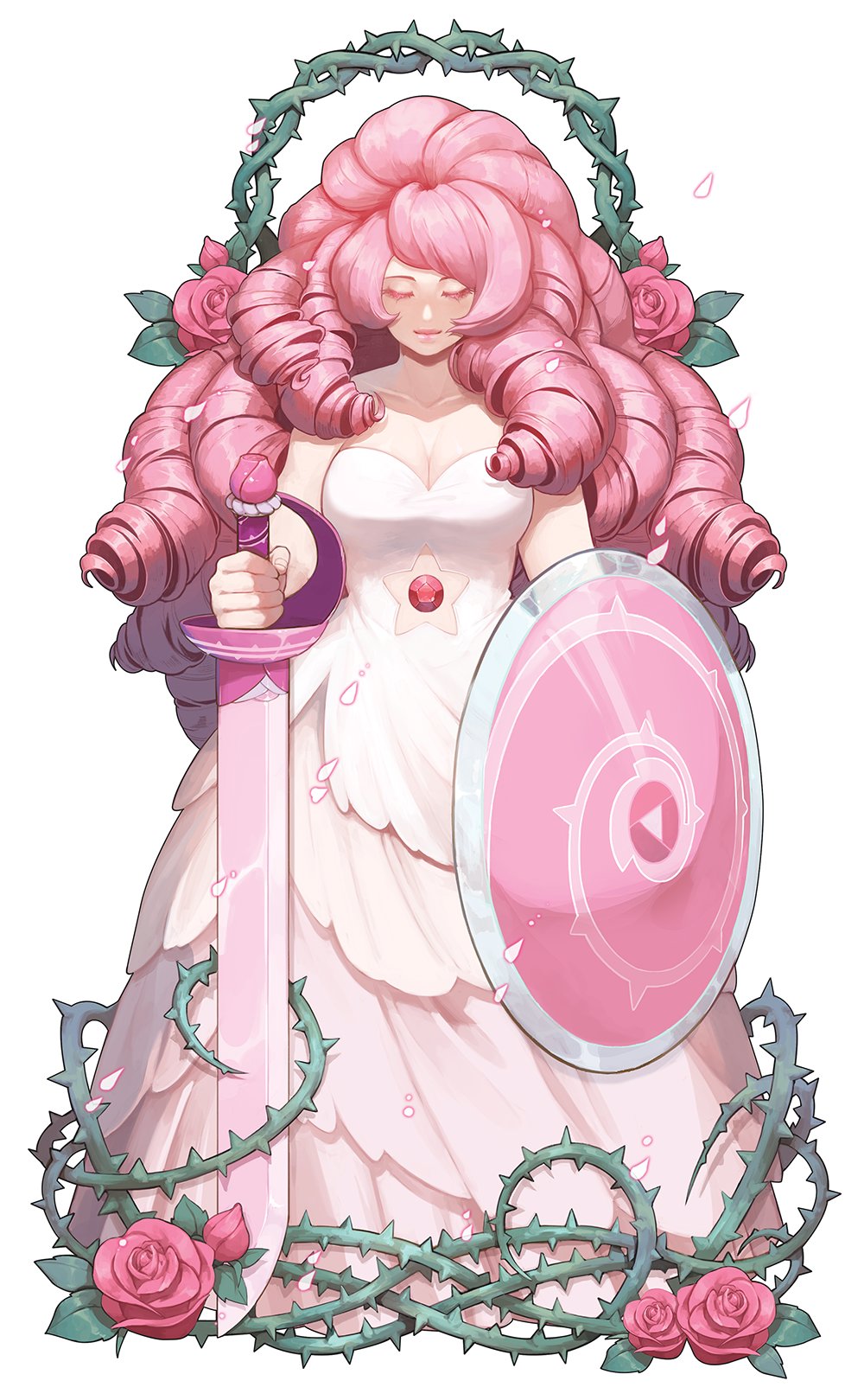 1girl bare_shoulders breasts cleavage closed_eyes collarbone dress drill_hair flower gem highres long_hair navel_cutout oxlxlo pink_hair rose rose_quartz_universe shield simple_background smile solo star_cutout steven_universe sword thorns very_long_hair weapon white_background white_dress