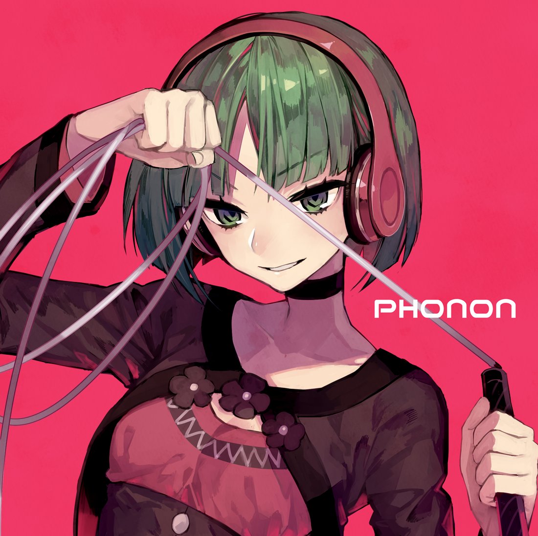 &gt;:) 1girl character_name choker cropped_jacket eyebrows_visible_through_hair green_eyes green_hair headphones parted_lips phonon_(under_night_in-birth) pink_background short_hair solo suzunashi under_night_in-birth upper_body whip