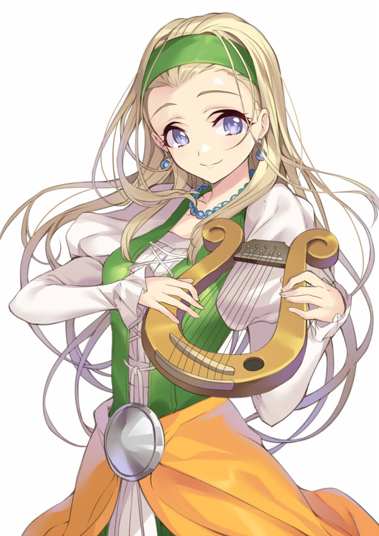 1girl blonde_hair blue_eyes detached_sleeves dragon_quest dragon_quest_xi dress earrings gan_(shanimuni) hairband harp holding instrument jewelry juliet_sleeves long_sleeves necklace pearl_necklace puffy_sleeves senya_(dragon_quest_xi) simple_background solo upper_body white_background