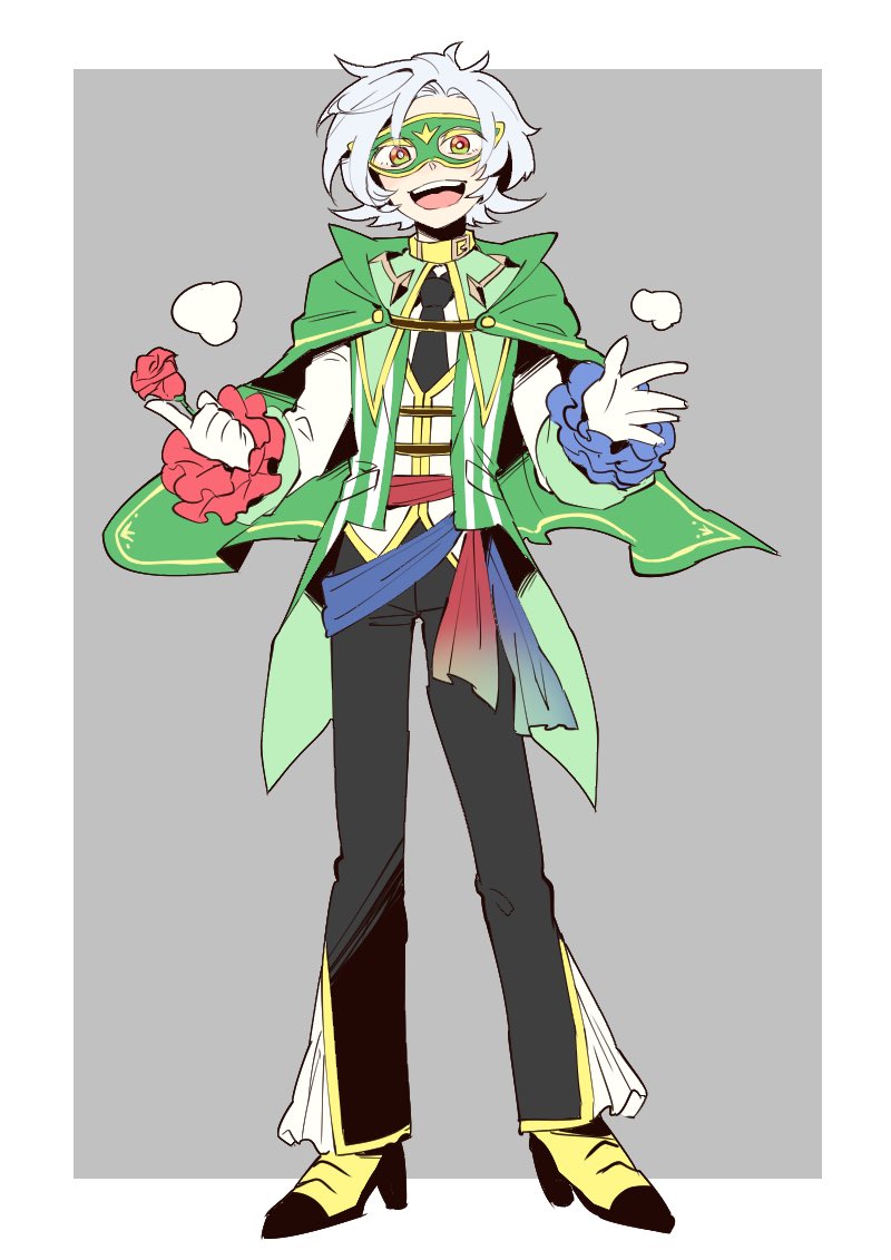 1boy :d black_necktie blush cape capelet domino_mask frills full_body gen_4_pokemon green_cape green_eyes grey_background looking_at_viewer male_focus mask necktie open_mouth personification pokemon roserade sash simple_background smile yasubaru