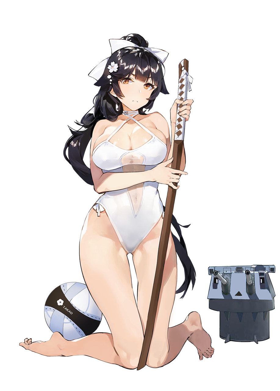 1girl azur_lane ball barefoot beachball bilan_hangxian black_hair bow breasts brown_eyes cleavage criss-cross_halter flower full_body gluteal_fold hair_bow hair_flower hair_ornament halterneck highres kishiyo kneeling large_breasts long_hair looking_away navel official_art one-piece_swimsuit ponytail see-through simple_background solo swimsuit sword takao_(bilan_hangxian) very_long_hair weapon white_background white_swimsuit wooden_sword