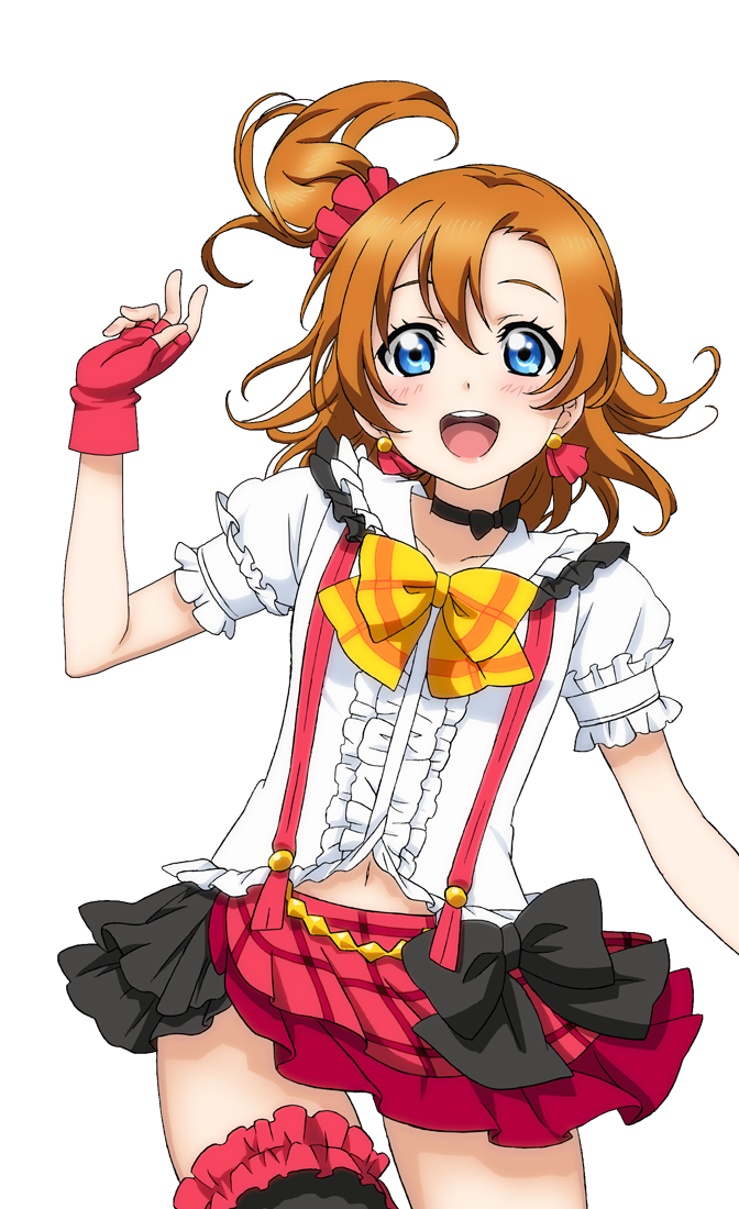 1girl artist_request bangs blue_eyes blush bokura_wa_ima_no_naka_de bow checkered choker earrings fingerless_gloves frills gloves hair_bow jewelry jumping kousaka_honoka looking_at_viewer love_live! love_live!_school_idol_festival love_live!_school_idol_festival_after_school_activity love_live!_school_idol_project navel official_art one_side_up open_mouth orange_hair parted_bangs plaid smile solo suspenders teeth