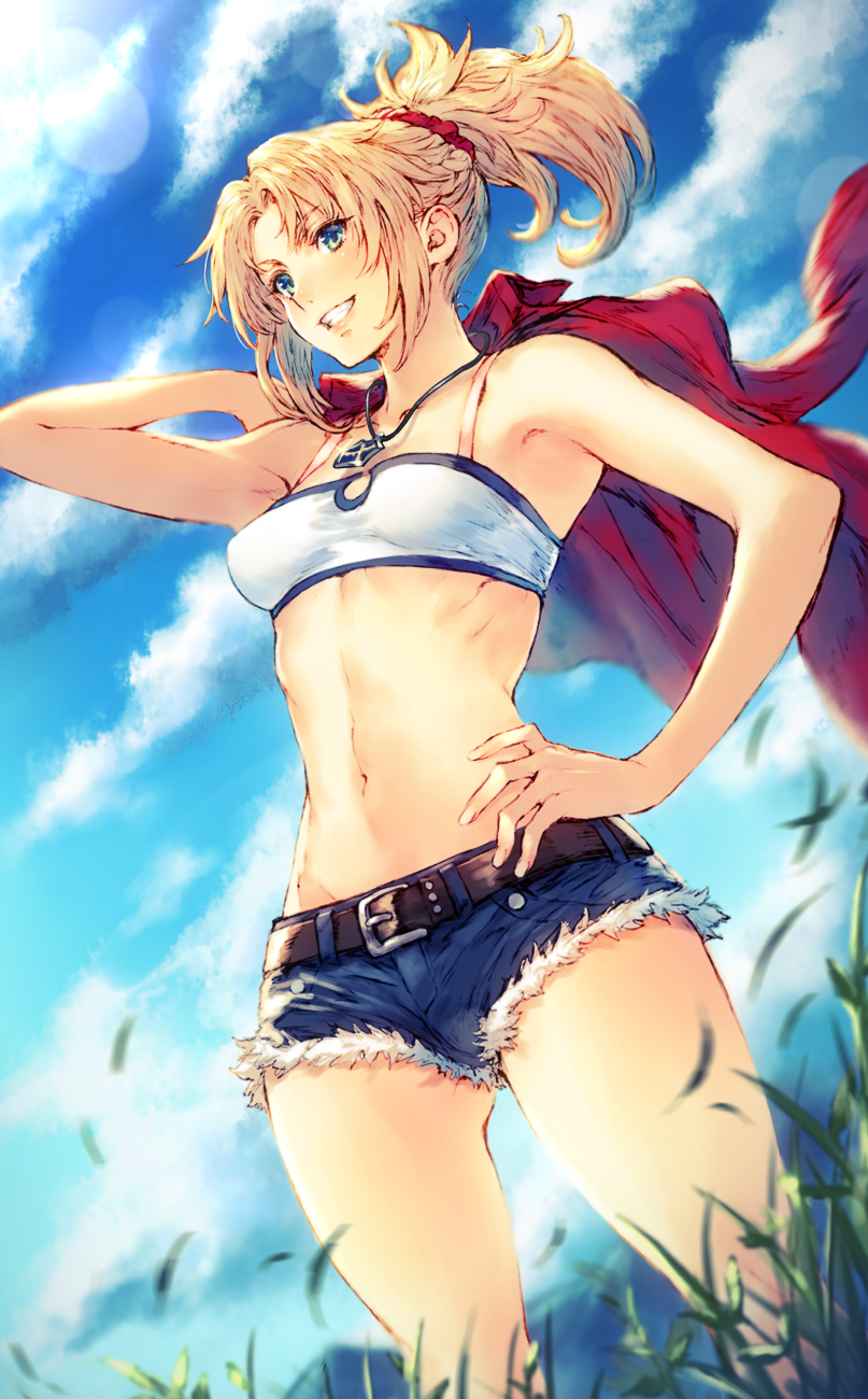 1girl arm_up bangs belt blonde_hair blue_sky breasts clouds cloudy_sky cowboy_shot cutoffs day denim denim_shorts dutch_angle fate/apocrypha fate_(series) glint gluteal_fold green_eyes grin hair_ornament hair_scrunchie hand_on_hip highres jewelry makimura_shunsuke midriff navel necklace outdoors parted_bangs ponytail saber_of_red scrunchie short_shorts shorts sky small_breasts smile solo strapless tubetop