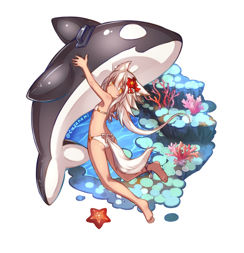 1girl animal_ears bikini coral expressionless flat_chest flower full_body hair_flower hair_ornament inflatable_orca inflatable_toy kazana_(sakuto) long_hair looking_at_viewer original saku_(kazana) starfish swimsuit tail tan white_hair wolf_ears wolf_tail yellow_eyes