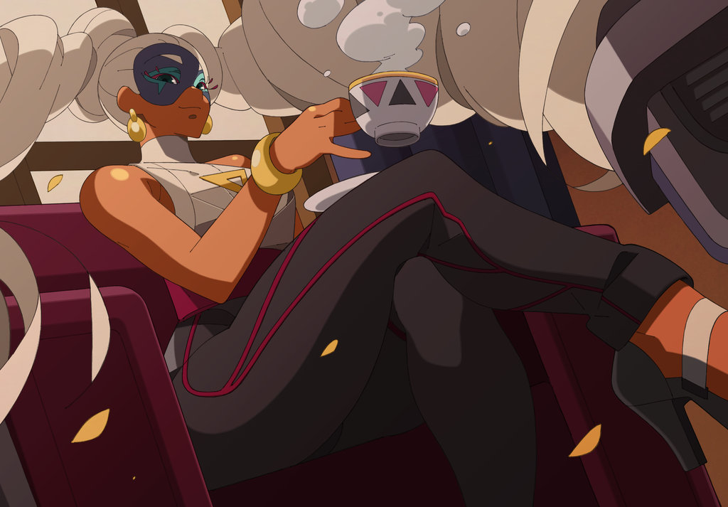 1girl arms_(game) bare_shoulders blonde_hair bracelet cup dark_skin drill_hair earrings eyelashes green_eyes high_heels jewelry legs_crossed light_smile long_hair nisego sitting solo steam teacup thighs twin_drills twintails twintelle_(arms) very_long_hair
