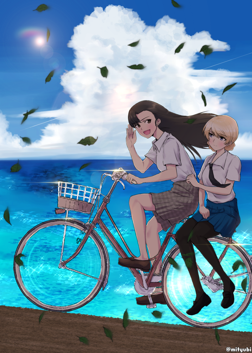 2girls asymmetrical_bangs bangs bicycle black_legwear black_necktie black_shoes blonde_hair blue_eyes blue_skirt braid brown_eyes brown_hair brown_skirt closed_mouth clouds cloudy_sky darjeeling day dress_shirt girls_und_panzer ground_vehicle leaf light_smile loafers long_hair looking_at_another looking_at_viewer m2b miniskirt multiple_girls necktie nishi_kinuyo ocean open_mouth outdoors pantyhose plaid plaid_skirt pleated_skirt riding salute school_uniform shirt shoes short_hair sitting skirt sky smile sparkle st._gloriana's_school_uniform tied_hair twin_braids twitter_username white_shirt