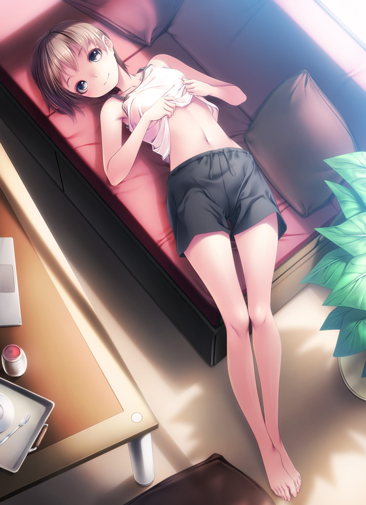 1girl barefoot black_eyes candle couch cushion feet feet_together from_above full_body grey_hair lying navel on_back original rezi short_hair shorts smile solo spoon table toes tray