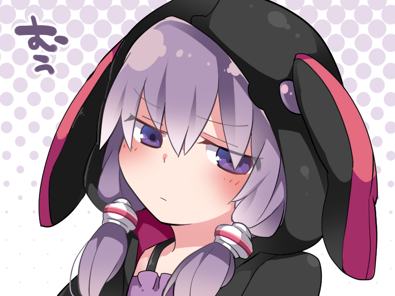 1girl blush commentary_request glaring hammer_(sunset_beach) hood hooded_jacket jacket jitome lavender_eyes lavender_hair low_twintails solo twintails voiceroid yuzuki_yukari