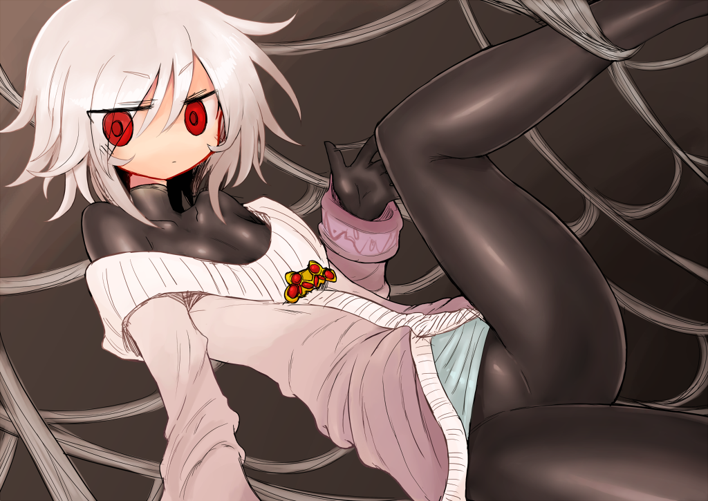 1girl bodysuit bodysuit_under_clothes breasts glaring grey_hair jitome kyuusui_gakari looking_at_viewer original red_eyes short_hair silk skin_tight small_breasts solo spider_web turtleneck