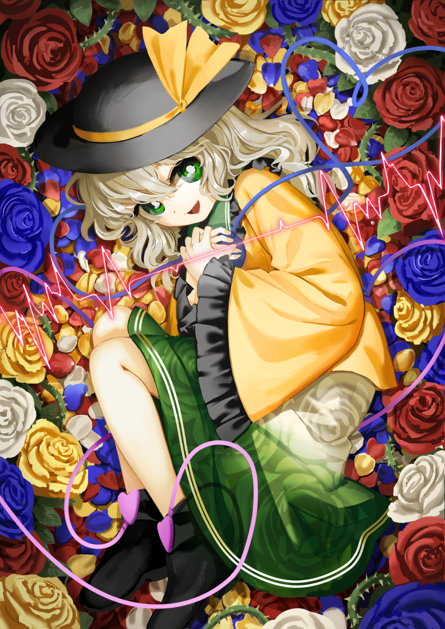 1girl bangs black_hat black_shoes blue_rose bow bright_pupils fetal_position floral_print flower full_body green_eyes green_skirt hat hat_bow heart heart_of_string highres komeiji_koishi long_sleeves looking_at_viewer lying on_side petals red_rose rose rose_petals shirt shoes silver_hair skirt smile solo suna_(s73d) third_eye touhou white_rose wide_sleeves yellow_bow yellow_rose yellow_shirt