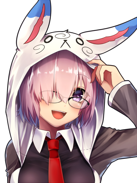 1girl :d blush breasts commentary_request eyebrows_visible_through_hair fate/grand_order fate_(series) fou_(fate/grand_order) glasses grey_jacket hair_over_one_eye hood hoodie koruta_(nekoimo) large_breasts long_sleeves looking_at_viewer necktie open_mouth pink_hair red_necktie shielder_(fate/grand_order) simple_background smile solo violet_eyes white_background