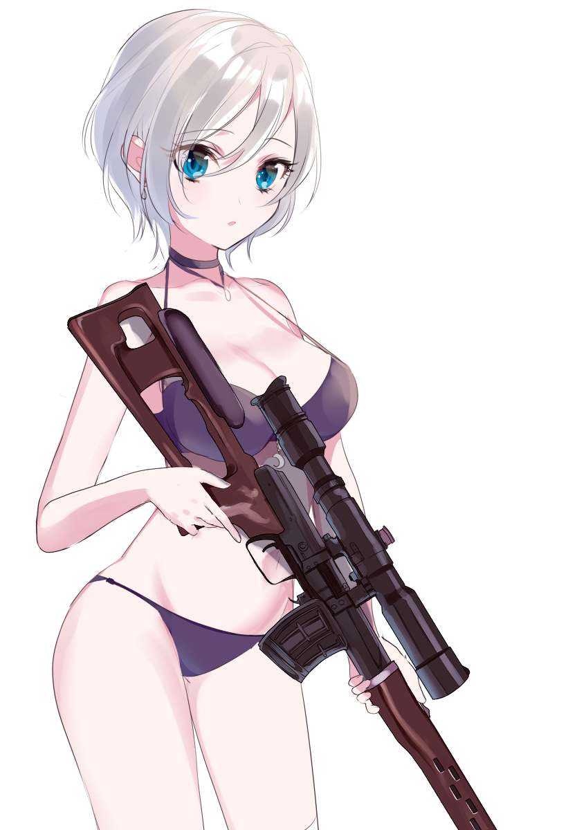 1girl alternate_costume anastasia_(idolmaster) bikini blue_eyes breasts cleavage dragunov_svd eyebrows_visible_through_hair gun hair_between_eyes highres holding holding_gun holding_weapon idolmaster idolmaster_cinderella_girls medium_breasts rifle short_hair silver_hair simple_background sinsihukunokonaka sniper_rifle solo swimsuit weapon white_background