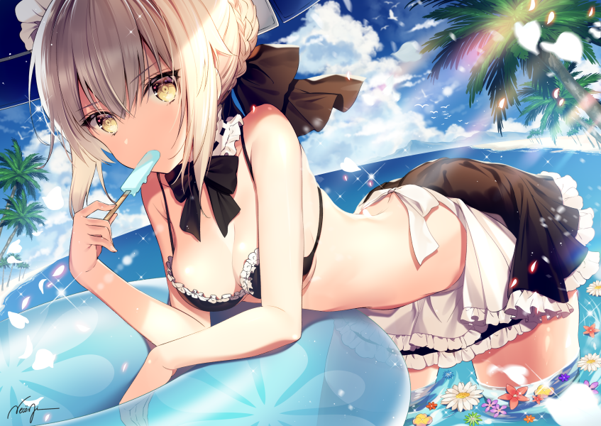 1girl artoria_pendragon_(all) artoria_pendragon_(swimsuit_rider_alter)_(fate) bikini black_bikini blonde_hair blue_sky breasts cleavage clouds day fate/grand_order fate_(series) flower food looking_at_viewer maid_bikini maid_headdress medium_breasts necomi_(gussan) ocean palm_tree partially_submerged petals popsicle saber_alter short_hair sidelocks signature sky solo swimsuit tree yellow_eyes