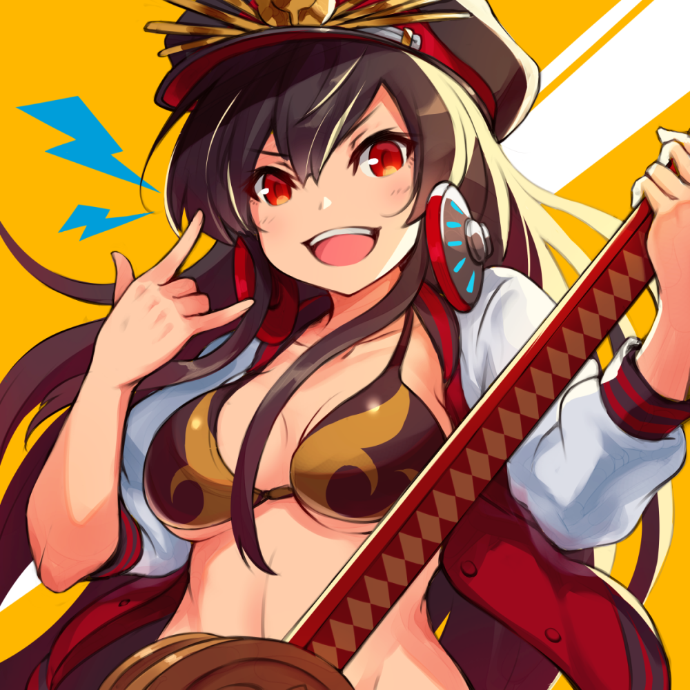 1girl black_hair black_hat blush breasts cleavage collarbone demon_archer eyebrows_visible_through_hair fate/grand_order fate_(series) hat headphones headphones_around_neck holding holding_instrument instrument instrument_request large_breasts long_hair long_sleeves looking_at_viewer open_mouth red_eyes smile solo teeth tgh326 upper_body